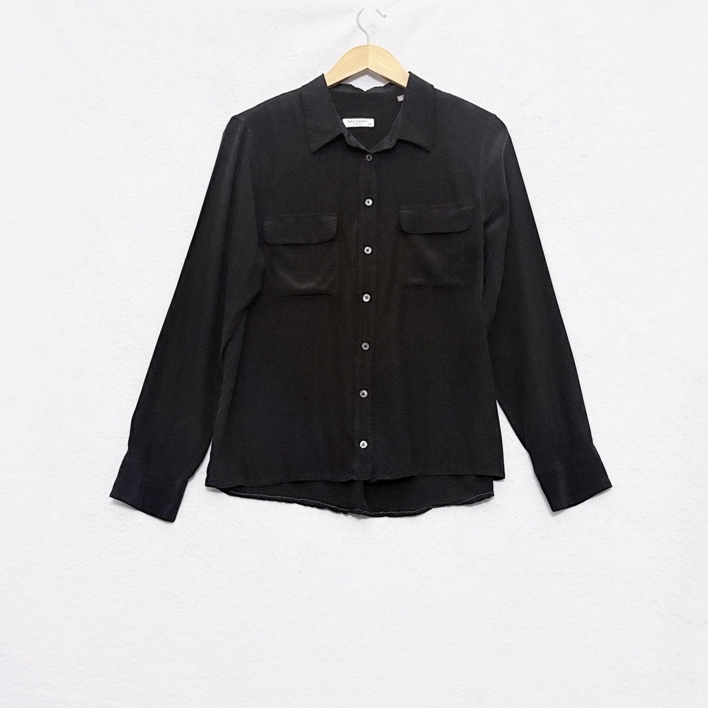 Equipment Femme Women's L Black Silk Top Lightweight Button Blouse Minimalist